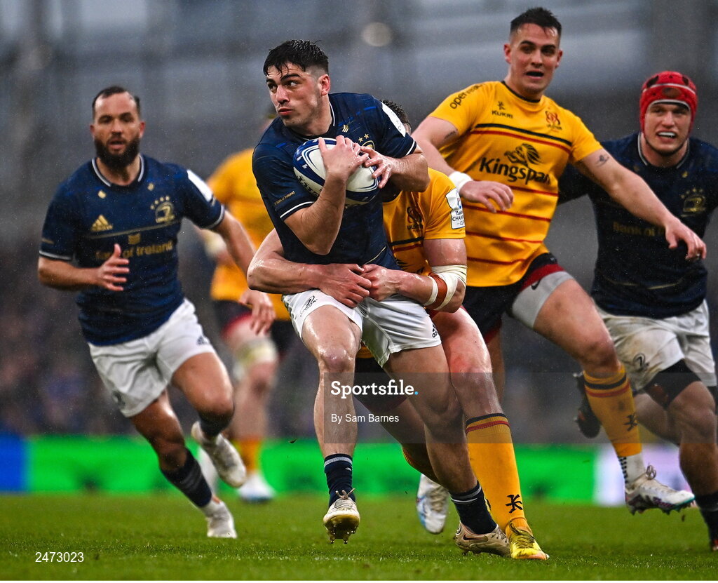 1 April 2023; Jimmy O'Brien of Leinster is tackled by Stuart McCloskey of Ulster during the Heineken Champions Cup Round of 16 match between Leinster and Ulster at Aviva Stadium in Dublin. Photo by Sam Barnes/Sportsfile