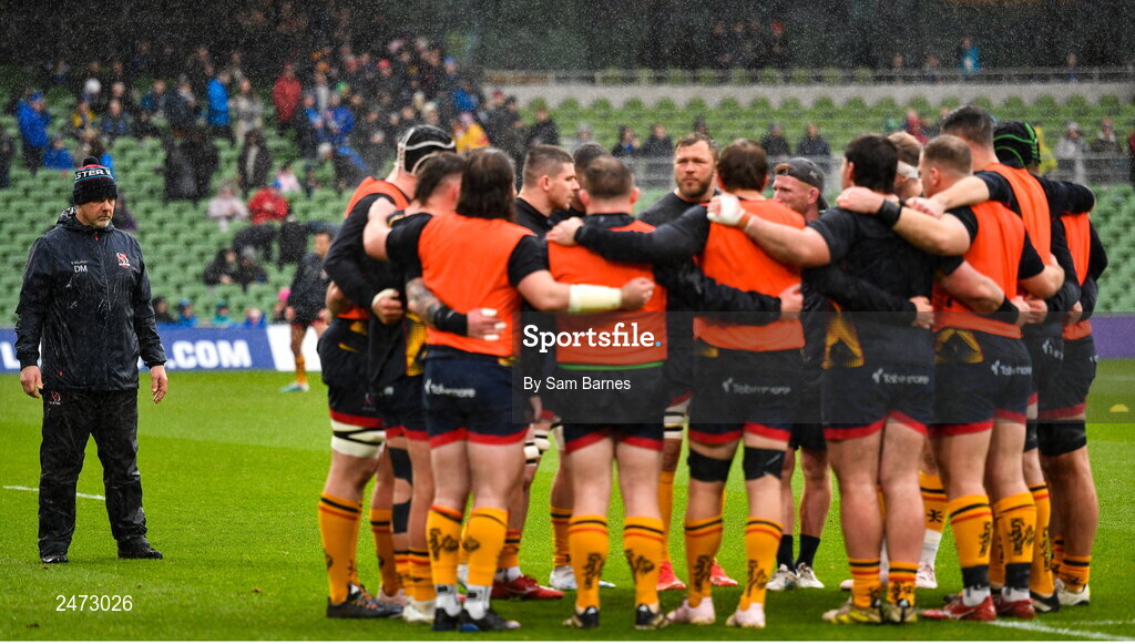 1 April 2023; Ulster head coach Dan McFarland looks on as his team huddle before the Heineken Champions Cup Round of 16 match between Leinster and Ulster at Aviva Stadium in Dublin. Photo by Sam Barnes/Sportsfile