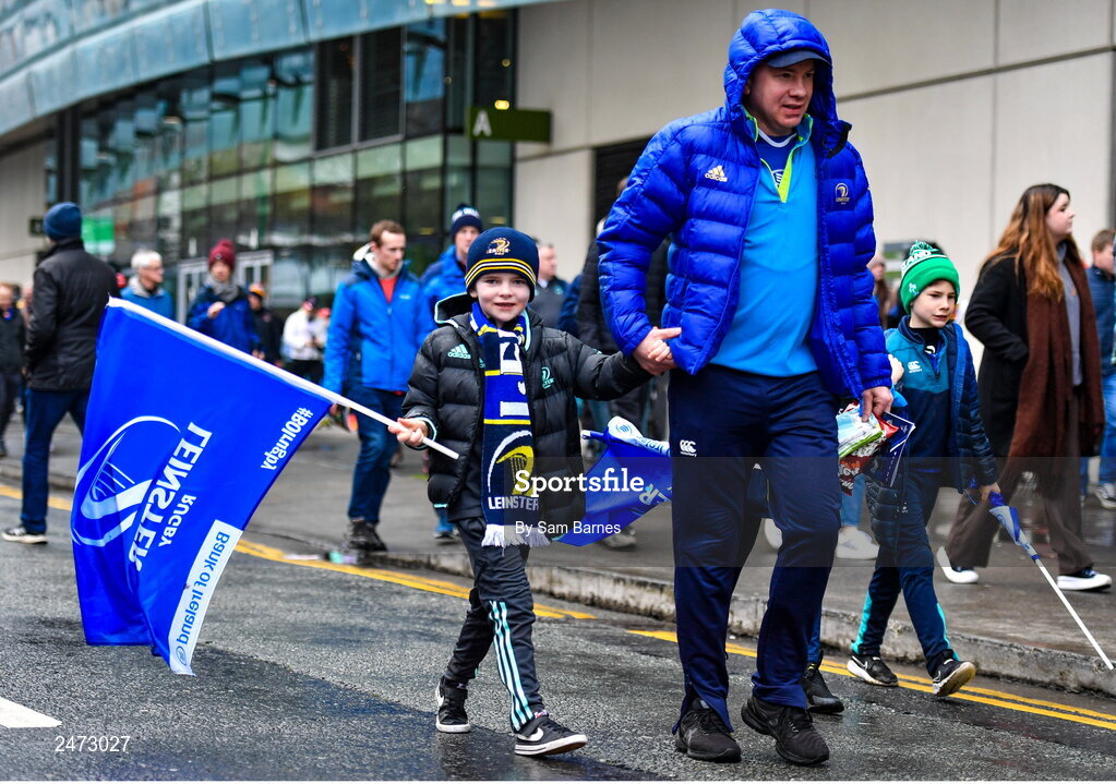 1 April 2023; Leinster supporters before the Heineken Champions Cup Round of 16 match between Leinster and Ulster at Aviva Stadium in Dublin. Photo by Sam Barnes/Sportsfile