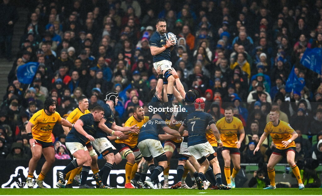 1 April 2023; Jack Conan of Leinster wins a line out during the Heineken Champions Cup Round of 16 match between Leinster and Ulster at Aviva Stadium in Dublin. Photo by Ramsey Cardy/Sportsfile