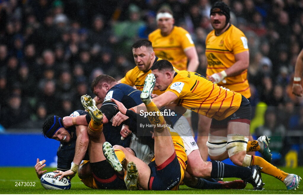 1 April 2023; Ryan Baird of Leinster scores his side's first try during the Heineken Champions Cup Round of 16 match between Leinster and Ulster at the Aviva Stadium in Dublin. Photo by Harry Murphy/Sportsfile
