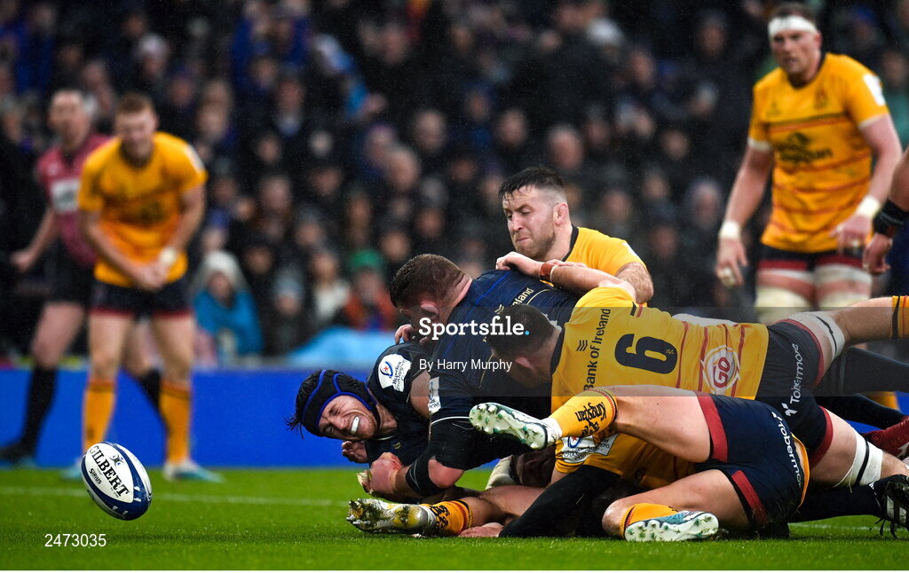1 April 2023; Ryan Baird of Leinster, left, with teammate Tadhg Furlong after scoring his side's first try during the Heineken Champions Cup Round of 16 match between Leinster and Ulster at the Aviva Stadium in Dublin. Photo by Harry Murphy/Sportsfile
