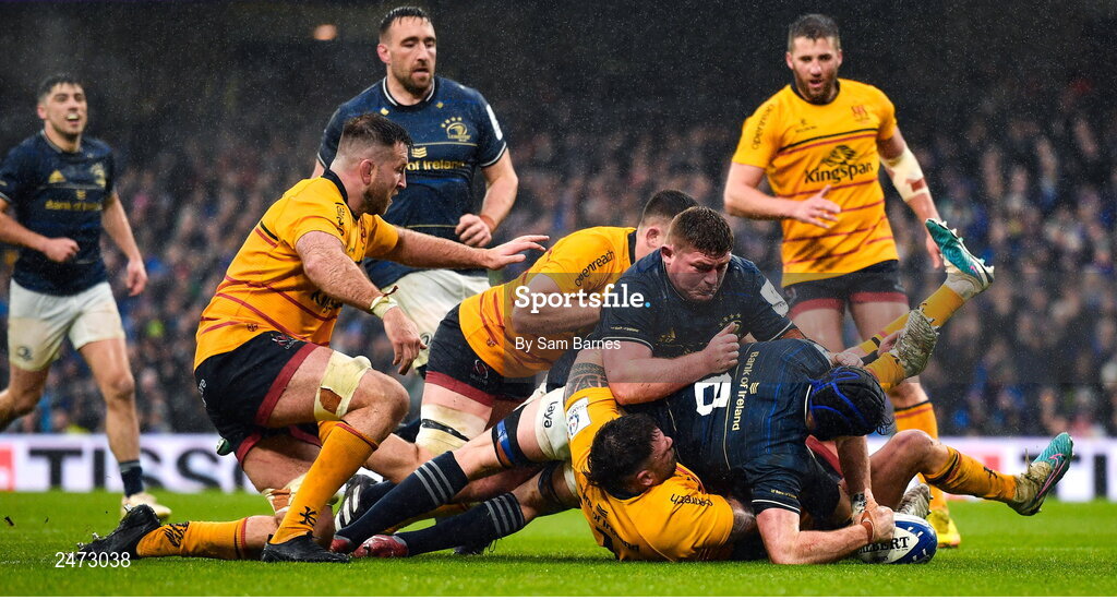 1 April 2023; Ryan Baird of Leinster, supported by teammate Tadhg Furlong, scores his side's first try during the Heineken Champions Cup Round of 16 match between Leinster and Ulster at Aviva Stadium in Dublin. Photo by Sam Barnes/Sportsfile