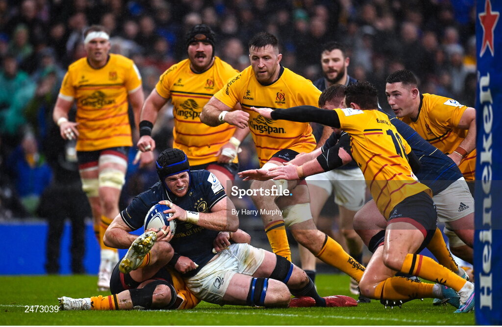 1 April 2023; Ryan Baird of Leinster on his way to scoring his side's first try during the Heineken Champions Cup Round of 16 match between Leinster and Ulster at the Aviva Stadium in Dublin. Photo by Harry Murphy/Sportsfile