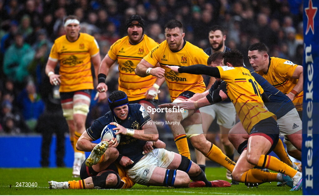 1 April 2023; Ryan Baird of Leinster on his way to scoring his side's first try during the Heineken Champions Cup Round of 16 match between Leinster and Ulster at the Aviva Stadium in Dublin. Photo by Harry Murphy/Sportsfile