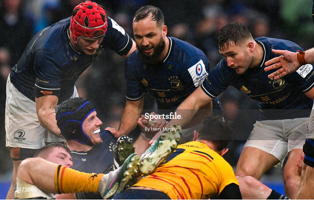 1 April 2023; Ryan Baird of Leinster celebrates with teammates, from left, Josh van der Flier, Jamison Gibson-Park and Jordan Larmour during the Heineken Champions Cup Round of 16 match between Leinster and Ulster at the Aviva Stadium in Dublin. Photo by Harry Murphy/Sportsfile