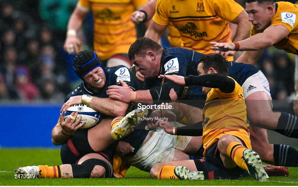 1 April 2023; Ryan Baird of Leinster, supported by teammate Tadhg Furlong, on his way to scoring his side's first try during the Heineken Champions Cup Round of 16 match between Leinster and Ulster at the Aviva Stadium in Dublin. Photo by Harry Murphy/Sportsfile