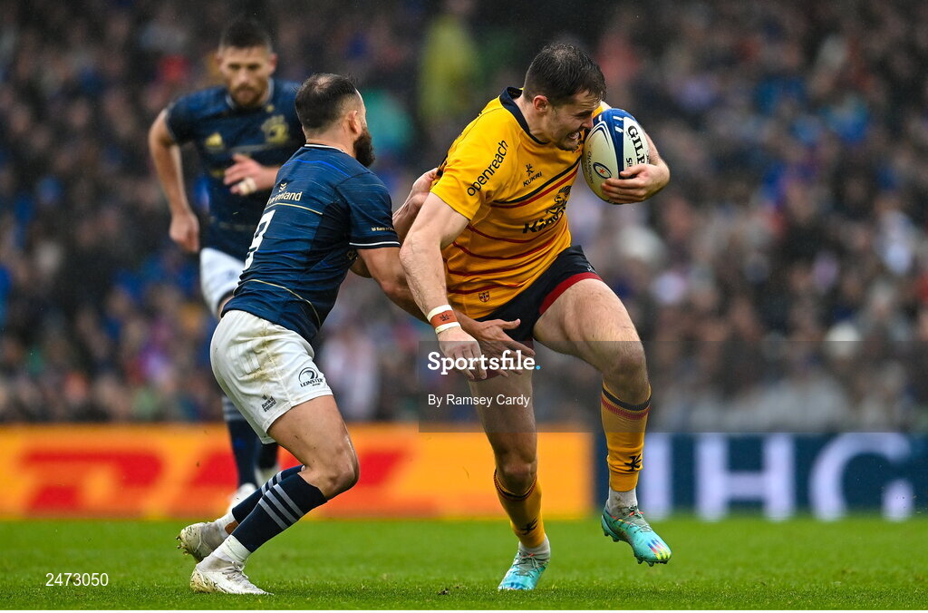 1 April 2023; Jacob Stockdale of Ulster is tackled by Jamison Gibson-Park of Leinster during the Heineken Champions Cup Round of 16 match between Leinster and Ulster at Aviva Stadium in Dublin. Photo by Ramsey Cardy/Sportsfile