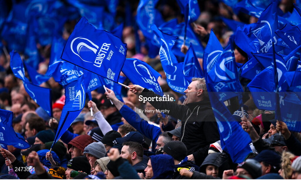 1 April 2023; Leinster supporters celebrate a try during the Heineken Champions Cup Round of 16 match between Leinster and Ulster at the Aviva Stadium in Dublin. Photo by Harry Murphy/Sportsfile