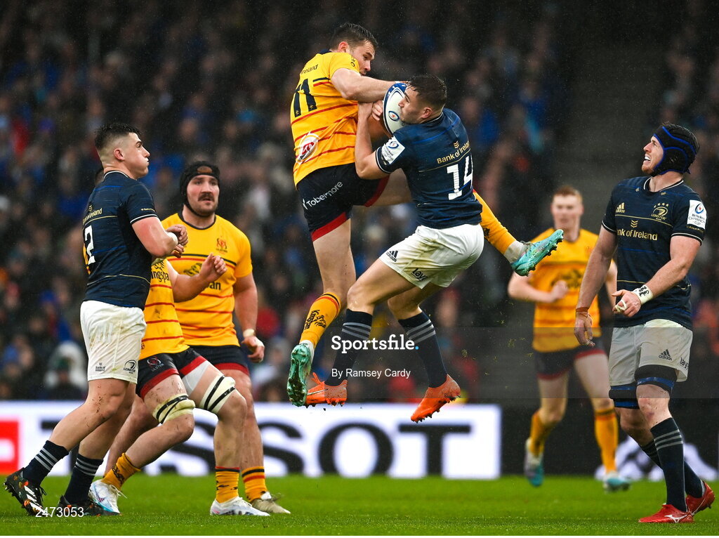 1 April 2023; Jacob Stockdale of Ulster in action against Jordan Larmour of Leinster during the Heineken Champions Cup Round of 16 match between Leinster and Ulster at Aviva Stadium in Dublin. Photo by Ramsey Cardy/Sportsfile