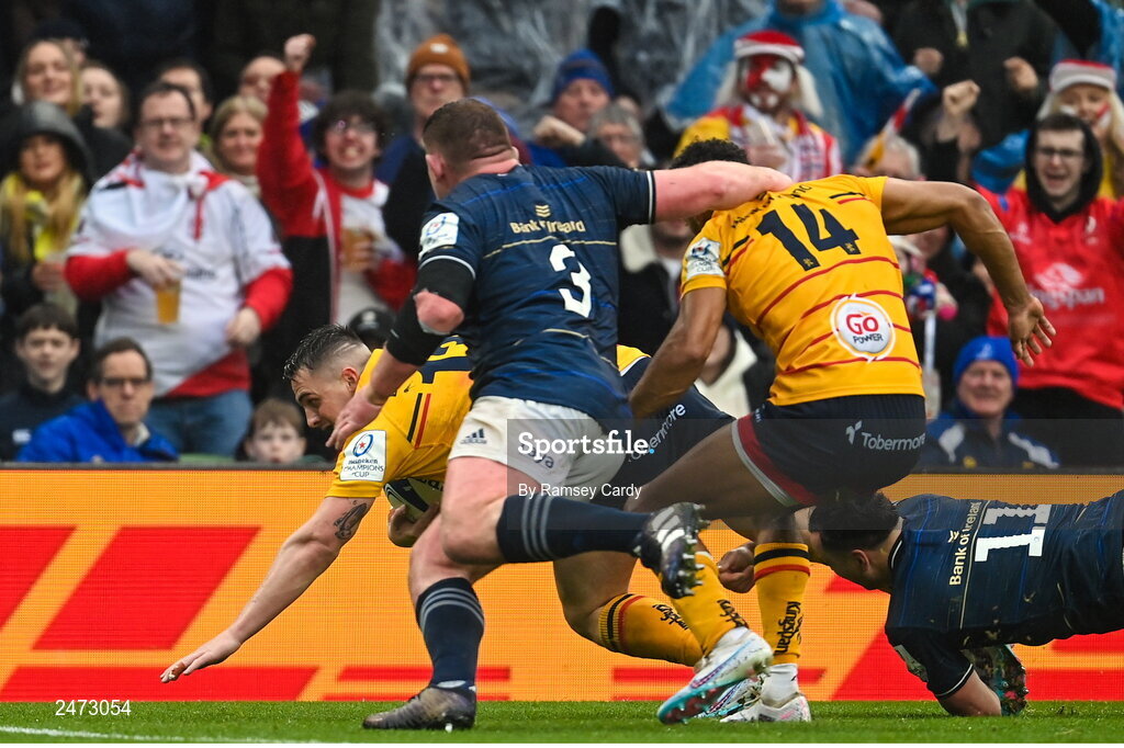 1 April 2023; James Hume of Ulster on his way to scoring his side's first try during the Heineken Champions Cup Round of 16 match between Leinster and Ulster at Aviva Stadium in Dublin. Photo by Ramsey Cardy/Sportsfile