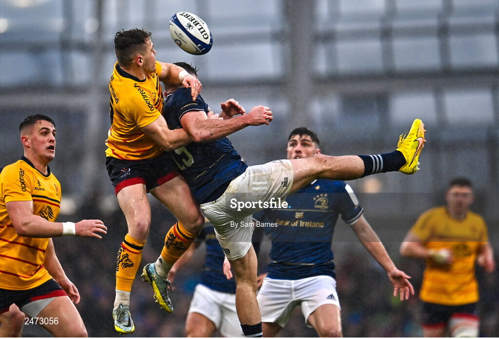 1 April 2023; Mike Lowry of Ulster in action against Hugo Keenan of Leinster during the Heineken Champions Cup Round of 16 match between Leinster and Ulster at Aviva Stadium in Dublin. Photo by Sam Barnes/Sportsfile