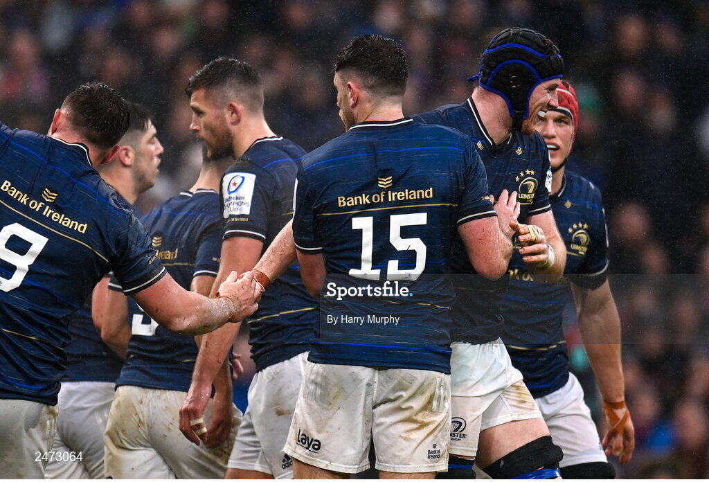 1 April 2023; Ryan Baird of Leinster, first, from right, celebrates with teammates after scoring his side's first try during the Heineken Champions Cup Round of 16 match between Leinster and Ulster at Aviva Stadium in Dublin. Photo by Harry Murphy/Sportsfile