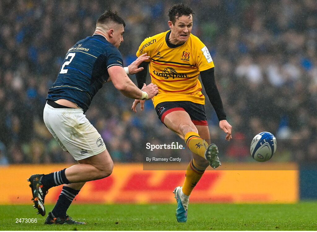1 April 2023; Billy Burns of Ulster in action against Dan Sheehan of Leinster during the Heineken Champions Cup Round of 16 match between Leinster and Ulster at Aviva Stadium in Dublin. Photo by Ramsey Cardy/Sportsfile