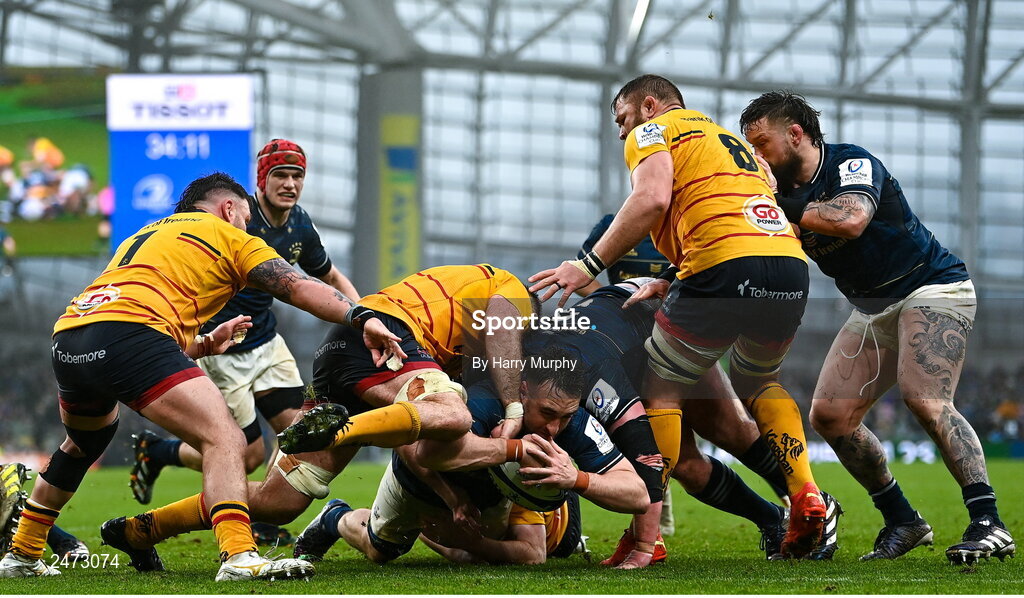 1 April 2023; Jack Conan of Leinster drops the ball while attempting to score a try during the Heineken Champions Cup Round of 16 match between Leinster and Ulster at the Aviva Stadium in Dublin. Photo by Harry Murphy/Sportsfile