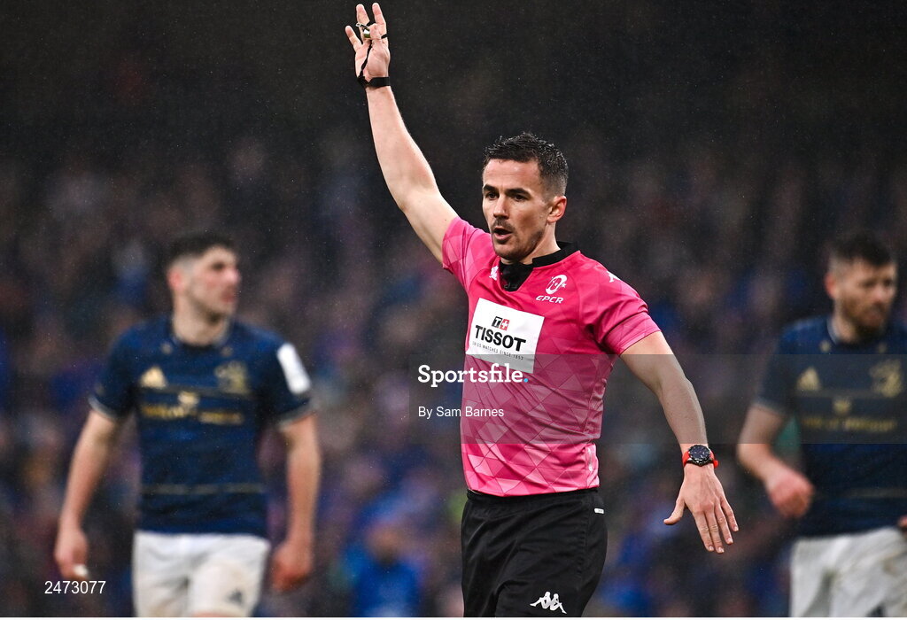 1 April 2023; Referee Luke Pearce during the Heineken Champions Cup Round of 16 match between Leinster and Ulster at Aviva Stadium in Dublin. Photo by Sam Barnes/Sportsfile