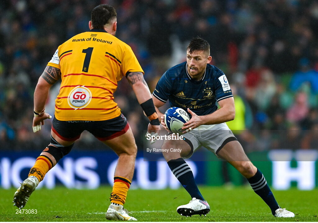 1 April 2023; Ross Byrne of Leinster in action during the Heineken Champions Cup Round of 16 match between Leinster and Ulster at Aviva Stadium in Dublin. Photo by Ramsey Cardy/Sportsfile