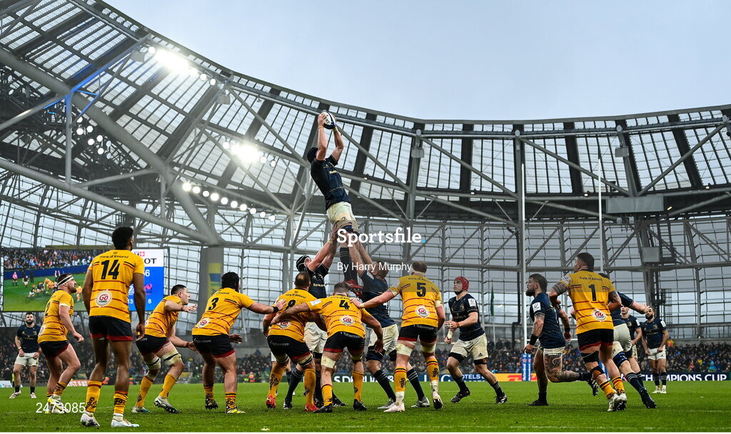 1 April 2023; James Ryan of Leinster takes possession in a lineout during the Heineken Champions Cup Round of 16 match between Leinster and Ulster at the Aviva Stadium in Dublin. Photo by Harry Murphy/Sportsfile