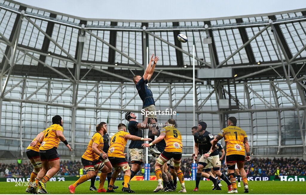 1 April 2023; Ross Molony of Leinster takes possession in a lineout during the Heineken Champions Cup Round of 16 match between Leinster and Ulster at the Aviva Stadium in Dublin. Photo by Harry Murphy/Sportsfile