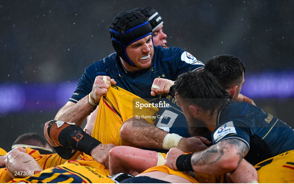 1 April 2023; Ryan Baird of Leinster during the Heineken Champions Cup Round of 16 match between Leinster and Ulster at Aviva Stadium in Dublin. Photo by Ramsey Cardy/Sportsfile
