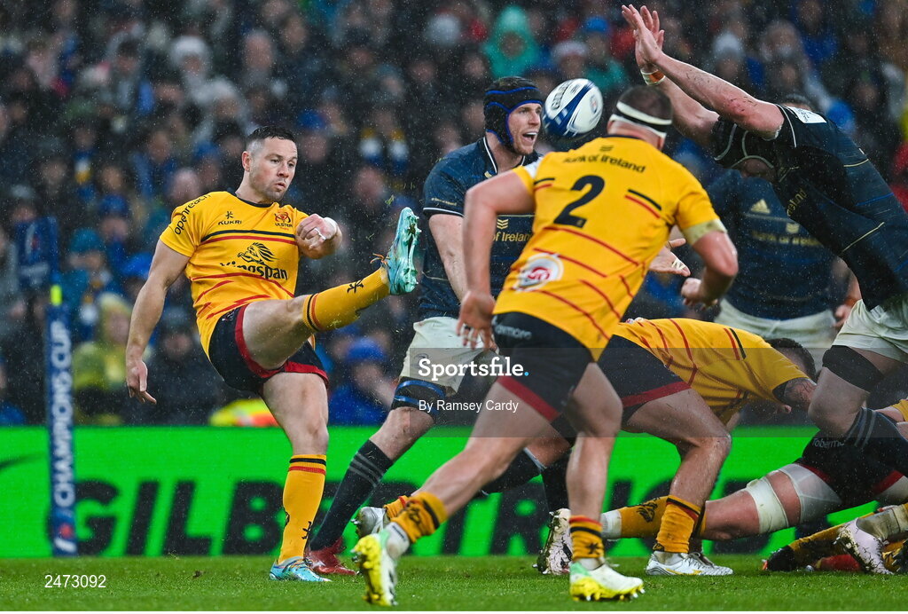 1 April 2023; John Cooney of Ulster has a kick blocked by Ryan Baird of Leinster during the Heineken Champions Cup Round of 16 match between Leinster and Ulster at Aviva Stadium in Dublin. Photo by Ramsey Cardy/Sportsfile