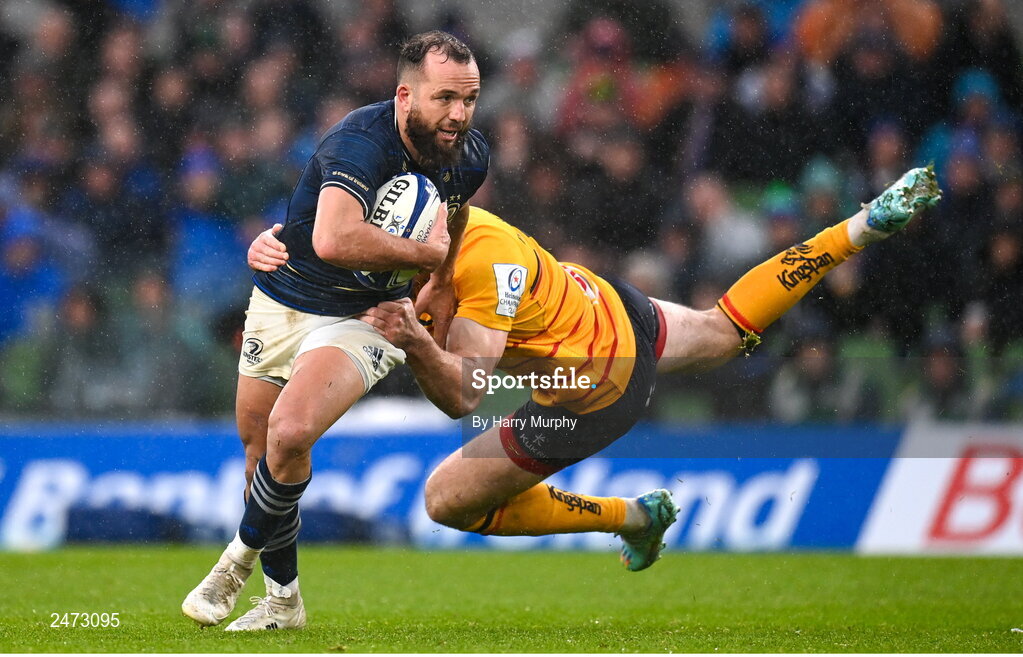 1 April 2023; Jamison Gibson-Park of Leinster avoids the tackle of Jacob Stockdale of Ulster on his way to scoring his side's second try during the Heineken Champions Cup Round of 16 match between Leinster and Ulster at the Aviva Stadium in Dublin. Photo by Harry Murphy/Sportsfile