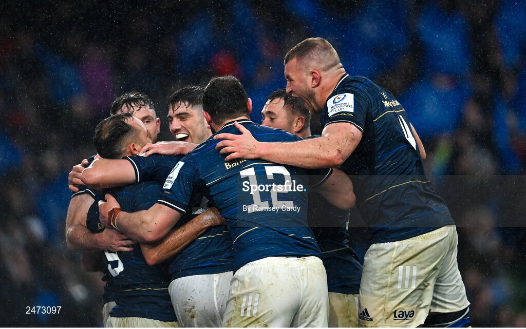 1 April 2023; Jamison Gibson-Park, left, celebrates after scoring his side's second try during the Heineken Champions Cup Round of 16 match between Leinster and Ulster at Aviva Stadium in Dublin. Photo by Ramsey Cardy/Sportsfile
