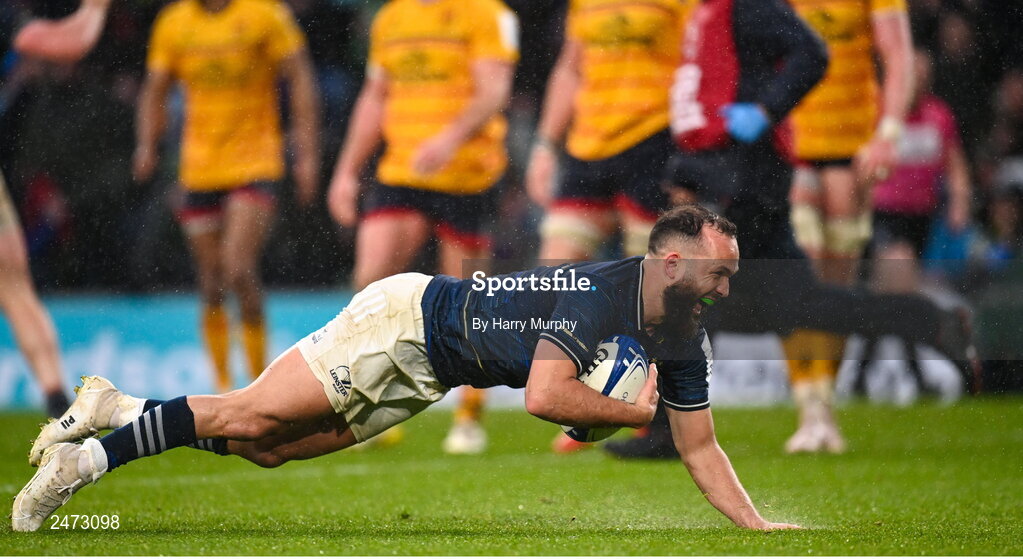 1 April 2023; Jamison Gibson-Park of Leinster dives over to score his side's second try during the Heineken Champions Cup Round of 16 match between Leinster and Ulster at the Aviva Stadium in Dublin. Photo by Harry Murphy/Sportsfile