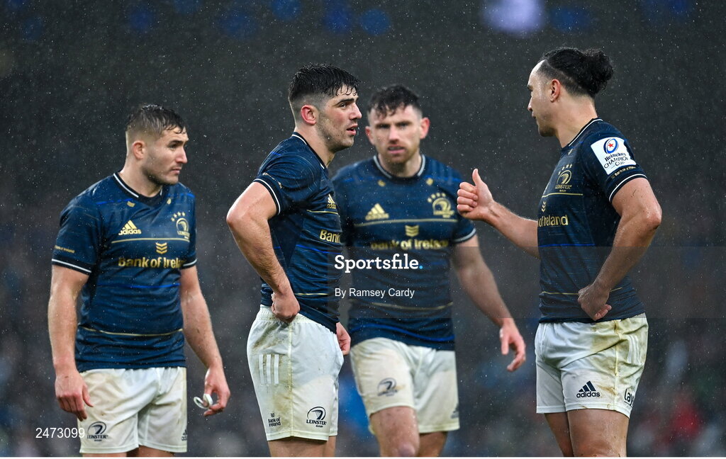 1 April 2023; Leinster players, from left, Jordan Larmour, Jimmy O'Brien, Hugo Keenan and James Lowe during the Heineken Champions Cup Round of 16 match between Leinster and Ulster at Aviva Stadium in Dublin. Photo by Ramsey Cardy/Sportsfile