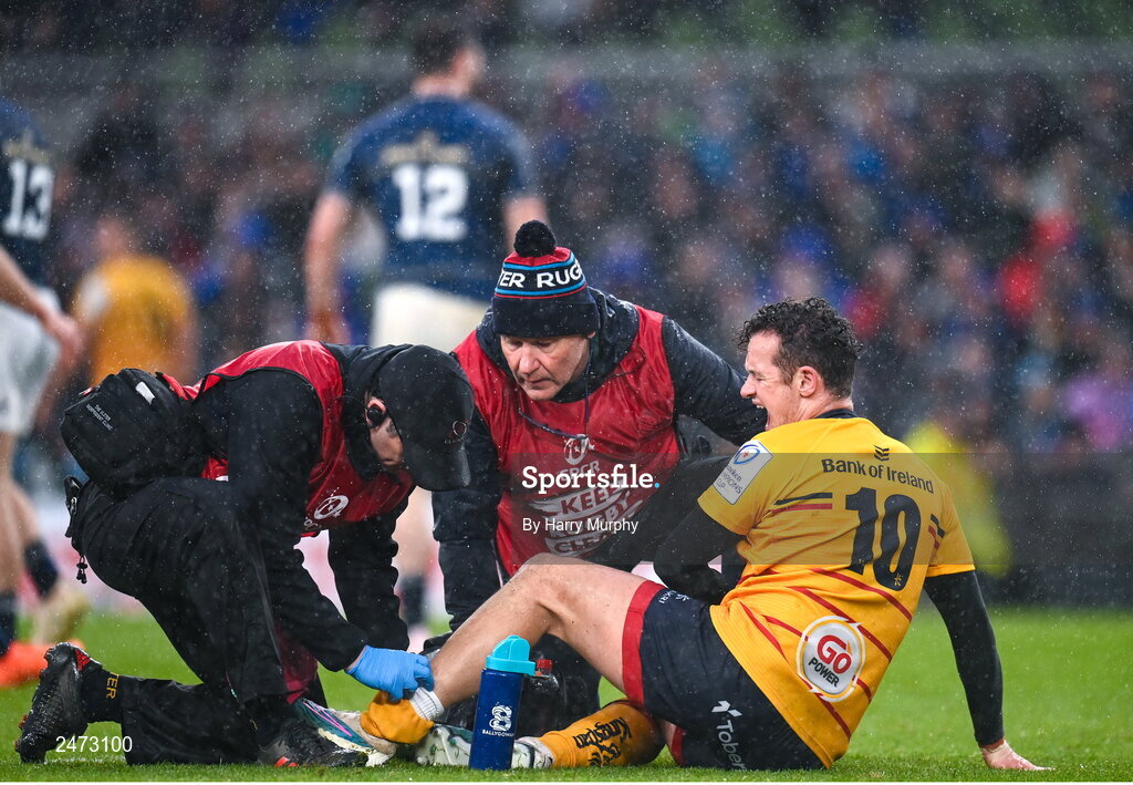 1 April 2023; Billy Burns of Ulster receives medical attention for an injury during the Heineken Champions Cup Round of 16 match between Leinster and Ulster at the Aviva Stadium in Dublin. Photo by Harry Murphy/Sportsfile