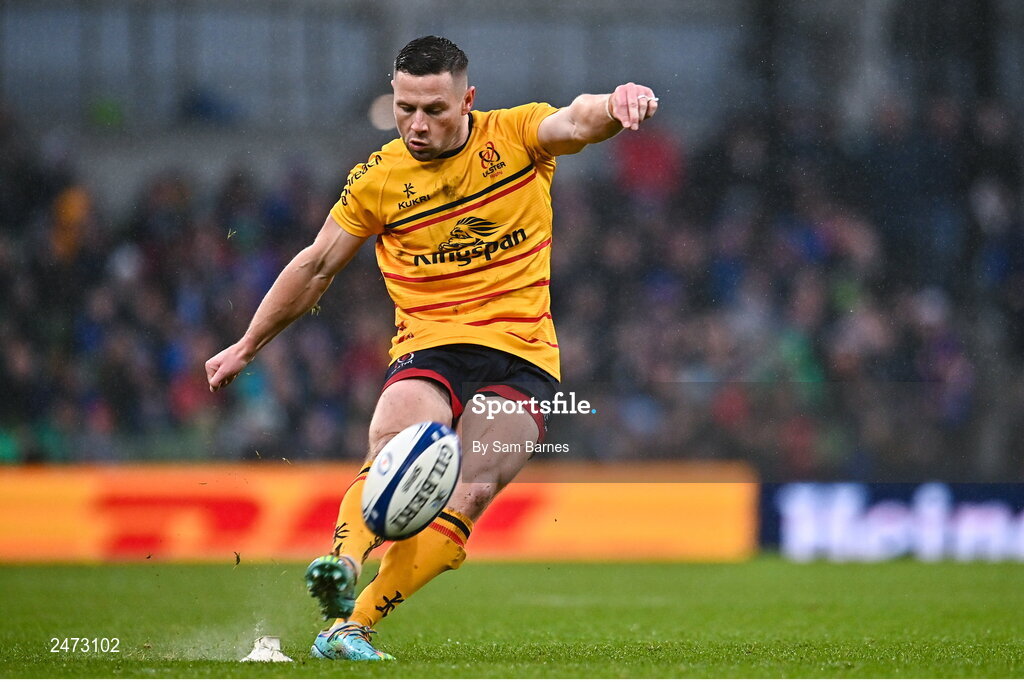 1 April 2023; John Cooney of Ulster kicks a conversion during the Heineken Champions Cup Round of 16 match between Leinster and Ulster at Aviva Stadium in Dublin. Photo by Sam Barnes/Sportsfile