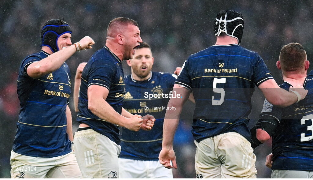 1 April 2023; Ross Molony of Leinster, centre, celebrates winning a penalty during the Heineken Champions Cup Round of 16 match between Leinster and Ulster at the Aviva Stadium in Dublin. Photo by Harry Murphy/Sportsfile
