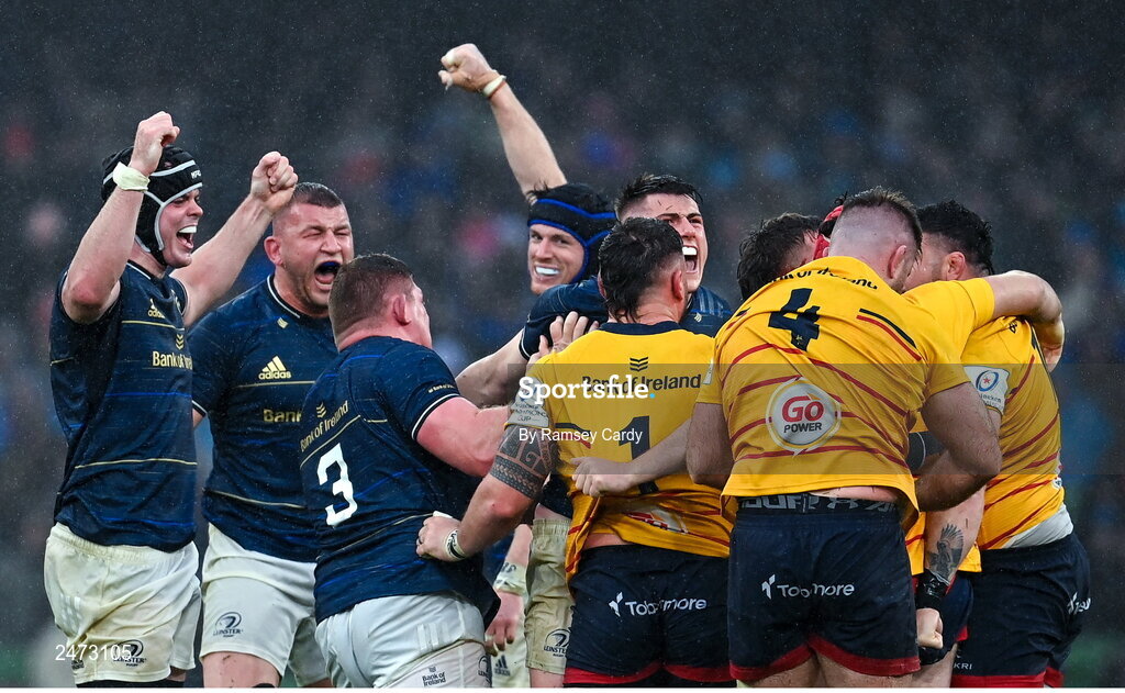 1 April 2023; Leinster players celebrate winning a penalty during the Heineken Champions Cup Round of 16 match between Leinster and Ulster at Aviva Stadium in Dublin. Photo by Ramsey Cardy/Sportsfile