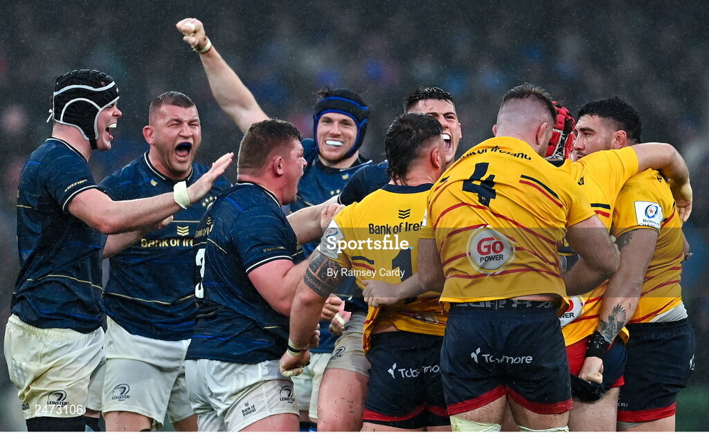 1 April 2023; Leinster players celebrate winning a penalty during the Heineken Champions Cup Round of 16 match between Leinster and Ulster at Aviva Stadium in Dublin. Photo by Ramsey Cardy/Sportsfile