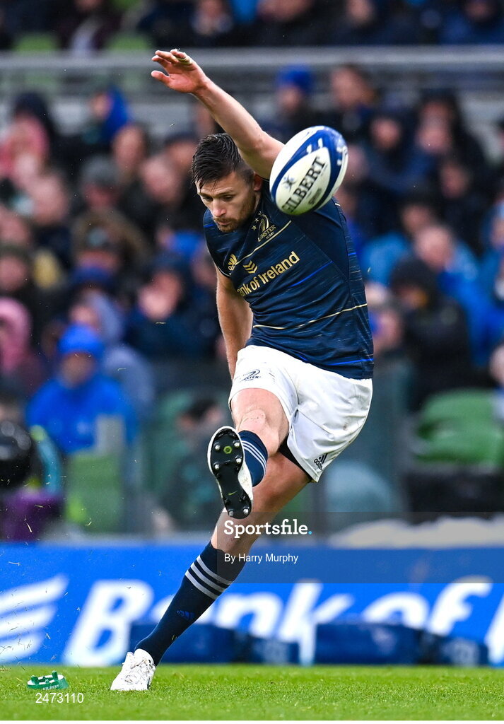 1 April 2023; Ross Byrne of Leinster kicks a conversion during the Heineken Champions Cup Round of 16 match between Leinster and Ulster at the Aviva Stadium in Dublin. Photo by Harry Murphy/Sportsfile