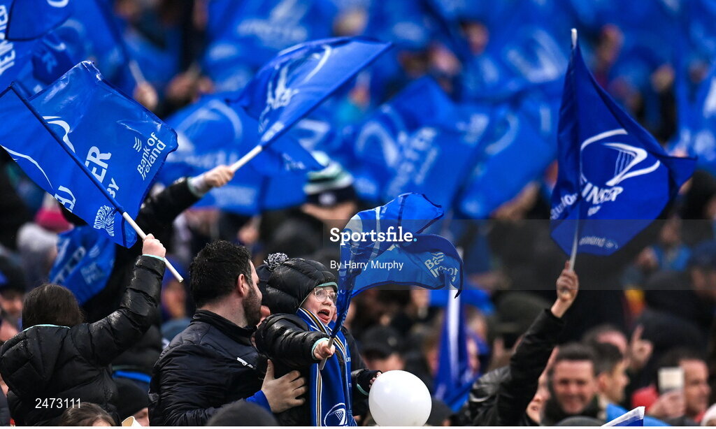 1 April 2023; Leinster supporters during the Heineken Champions Cup Round of 16 match between Leinster and Ulster at the Aviva Stadium in Dublin. Photo by Harry Murphy/Sportsfile