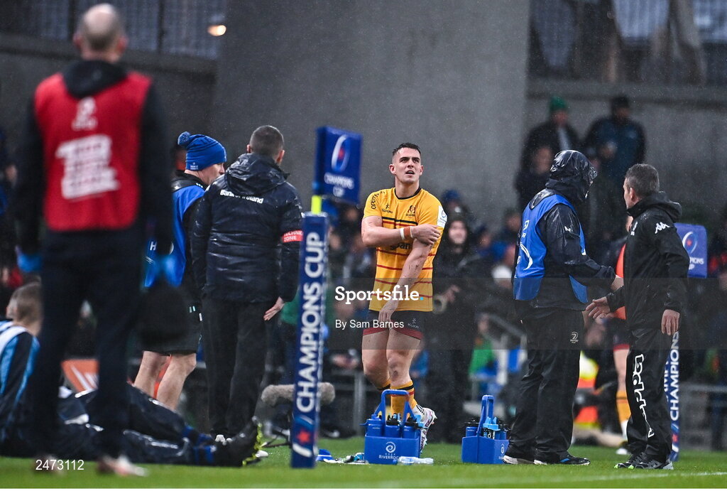 1 April 2023; James Hume of Ulster leaves the pitch after getting a yellow card during the Heineken Champions Cup Round of 16 match between Leinster and Ulster at Aviva Stadium in Dublin. Photo by Sam Barnes/Sportsfile