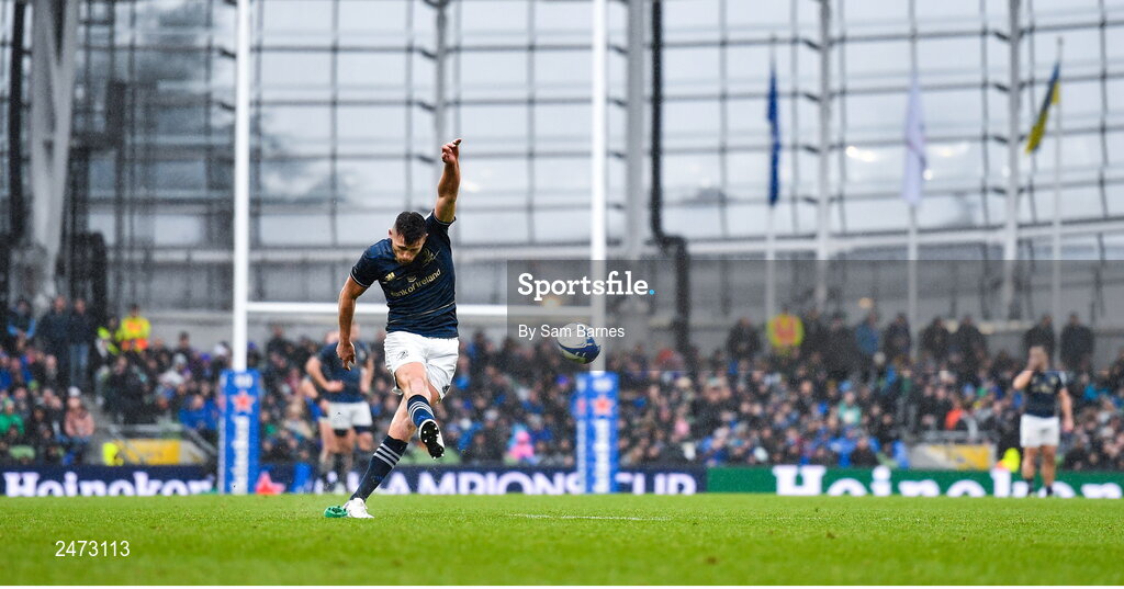 1 April 2023; Ross Byrne of Leinster kicks a conversion during the Heineken Champions Cup Round of 16 match between Leinster and Ulster at Aviva Stadium in Dublin. Photo by Sam Barnes/Sportsfile