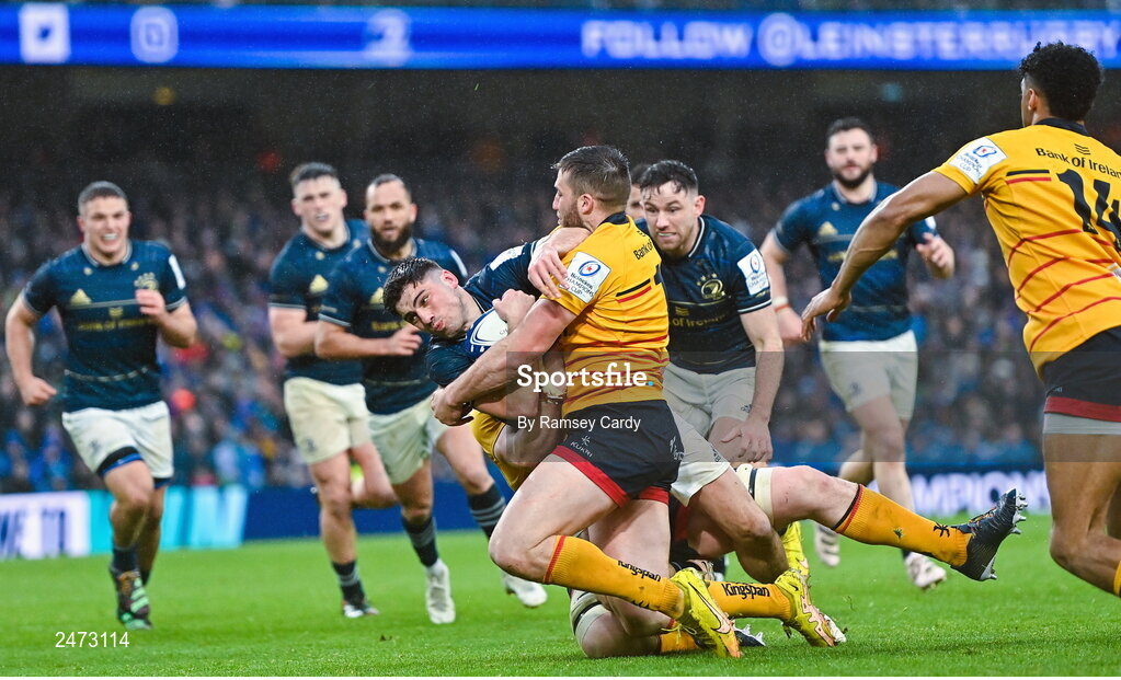 1 April 2023; Jimmy O'Brien of Leinster is tackled by Stuart McCloskey of Ulster during the Heineken Champions Cup Round of 16 match between Leinster and Ulster at Aviva Stadium in Dublin. Photo by Ramsey Cardy/Sportsfile