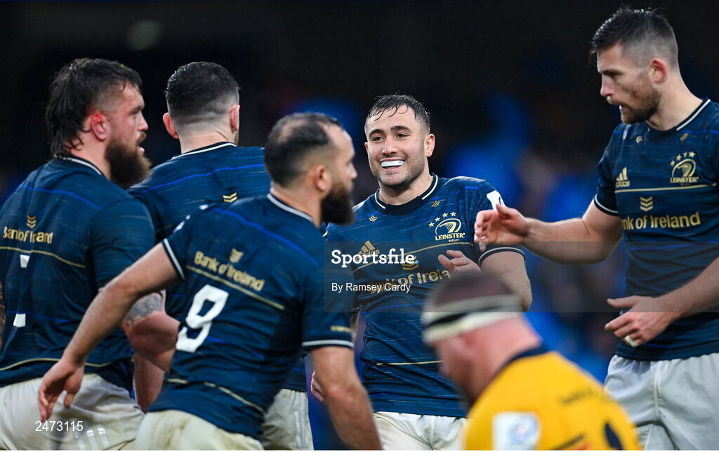 1 April 2023; Jordan Larmour of Leinster celebrates a try scored by teammate Andrew Porter during the Heineken Champions Cup Round of 16 match between Leinster and Ulster at Aviva Stadium in Dublin. Photo by Ramsey Cardy/Sportsfile