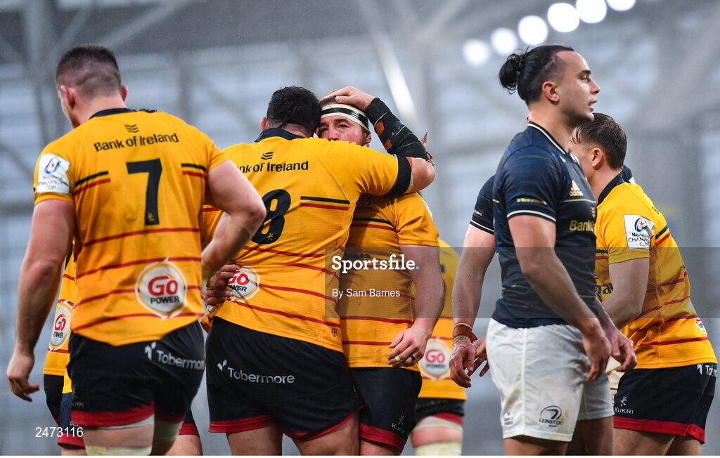 1 April 2023; Rob Herring of Ulster celebrates with teammate Duane Vermeulen after scoring his side's second try during the Heineken Champions Cup Round of 16 match between Leinster and Ulster at Aviva Stadium in Dublin. Photo by Sam Barnes/Sportsfile