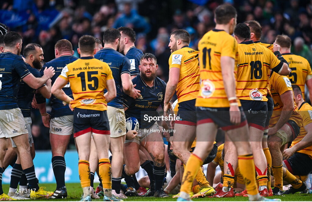 1 April 2023; Andrew Porter of Leinster after scoring his side's third try during the Heineken Champions Cup Round of 16 match between Leinster and Ulster at the Aviva Stadium in Dublin. Photo by Harry Murphy/Sportsfile