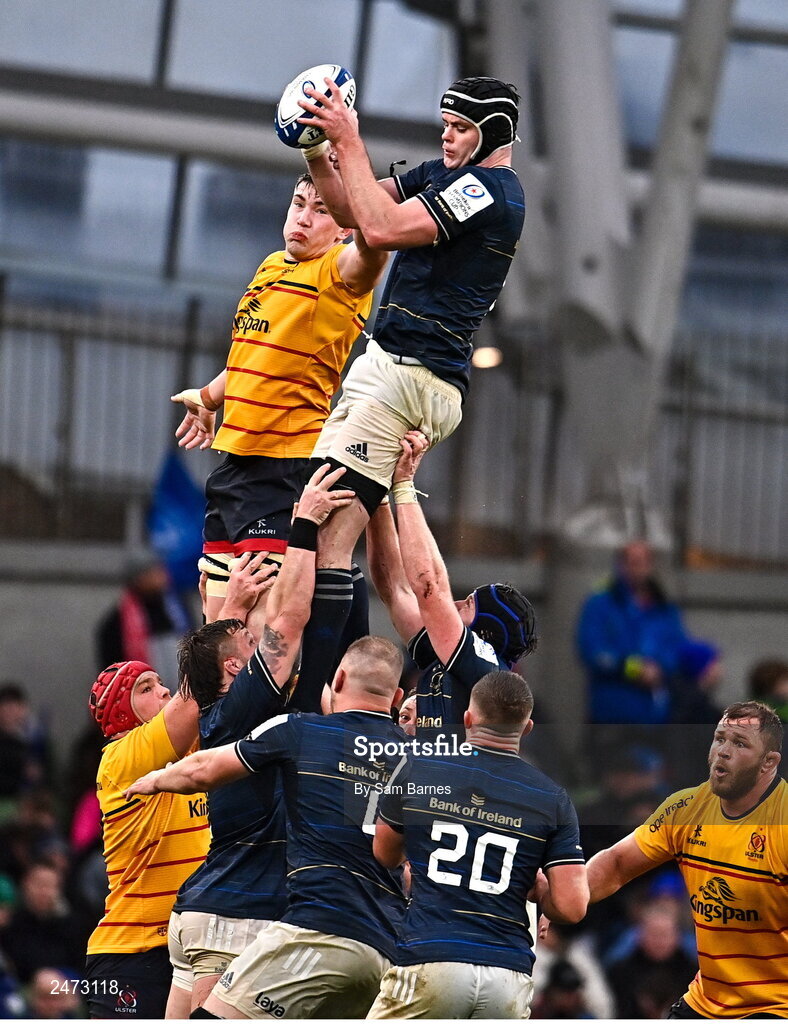 1 April 2023; James Ryan of Leinster wins a line out ahead of Harry Sheridan of Ulster during the Heineken Champions Cup Round of 16 match between Leinster and Ulster at Aviva Stadium in Dublin. Photo by Sam Barnes/Sportsfile