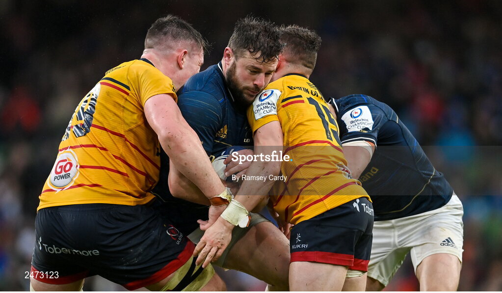 1 April 2023; Robbie Henshaw of Leinster is tackled by Harry Sheridan, left, and Tom Stewart of Ulster during the Heineken Champions Cup Round of 16 match between Leinster and Ulster at Aviva Stadium in Dublin. Photo by Ramsey Cardy/Sportsfile