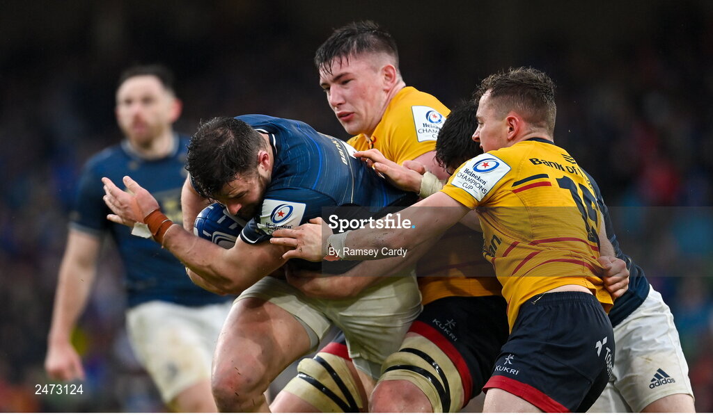 1 April 2023; Robbie Henshaw of Leinster is tackled by Harry Sheridan, left, and Tom Stewart of Ulster during the Heineken Champions Cup Round of 16 match between Leinster and Ulster at Aviva Stadium in Dublin. Photo by Ramsey Cardy/Sportsfile