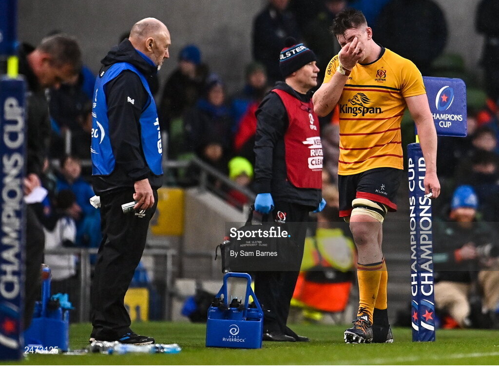 1 April 2023; Harry Sheridan of Ulster leaves the pitch after being shown a yellow card during the Heineken Champions Cup Round of 16 match between Leinster and Ulster at Aviva Stadium in Dublin. Photo by Sam Barnes/Sportsfile