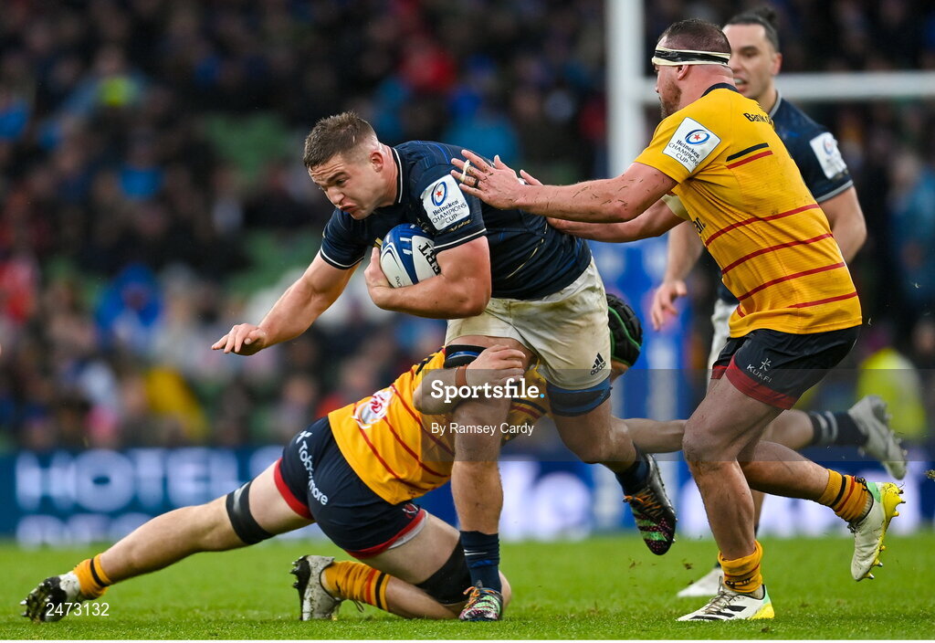 1 April 2023; Scott Penny of Leinster is tackled by Marcus Rea of Ulster during the Heineken Champions Cup Round of 16 match between Leinster and Ulster at Aviva Stadium in Dublin. Photo by Ramsey Cardy/Sportsfile