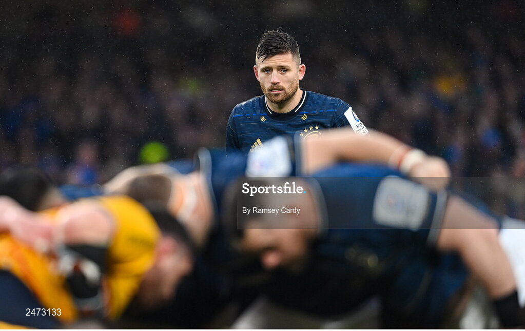 1 April 2023; Ross Byrne of Leinster during the Heineken Champions Cup Round of 16 match between Leinster and Ulster at Aviva Stadium in Dublin. Photo by Ramsey Cardy/Sportsfile