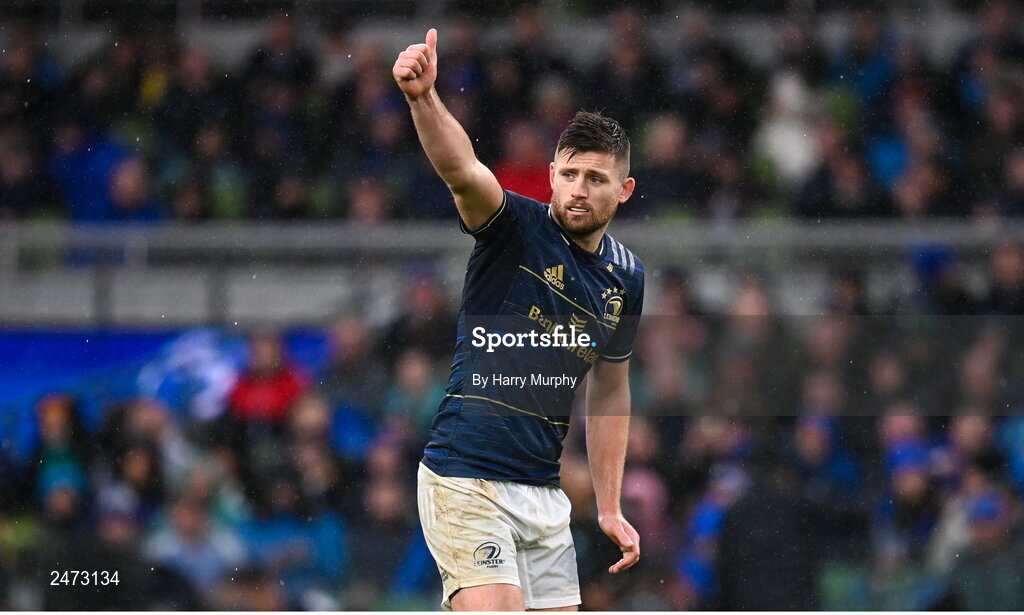 1 April 2023; Ross Byrne of Leinster during the Heineken Champions Cup Round of 16 match between Leinster and Ulster at the Aviva Stadium in Dublin. Photo by Harry Murphy/Sportsfile