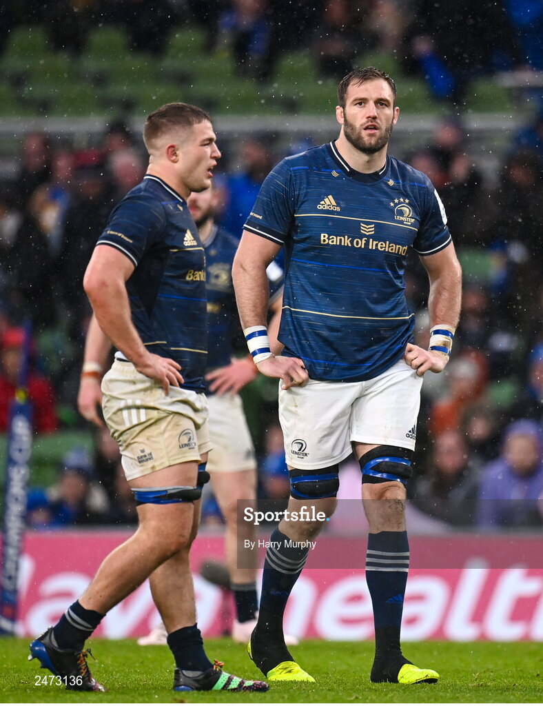 1 April 2023; Jason Jenkins of Leinster, right, during the Heineken Champions Cup Round of 16 match between Leinster and Ulster at the Aviva Stadium in Dublin. Photo by Harry Murphy/Sportsfile